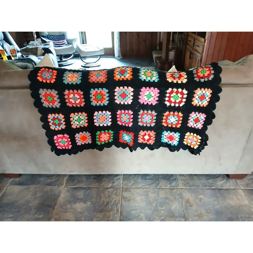VTG Granny Square Crochet Afghan Throw 35x45 Black Multicolor Handmade Boho